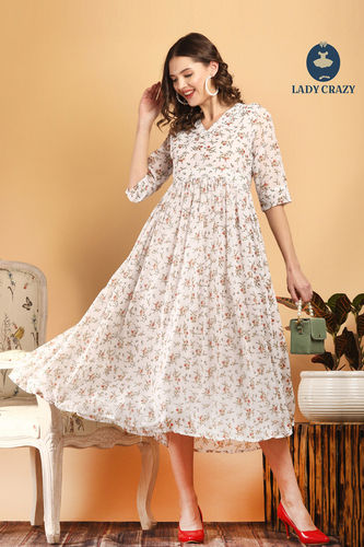 Indian White Georgette Floral Print Long Dress