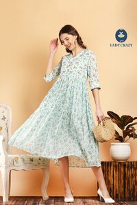 Light Blue Georgette Floral Print v nack 4 buttons dress P4