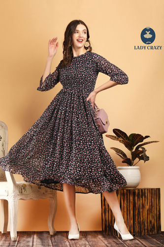 Navy Blue Georgette Floral Print Waist ilastic dress P0