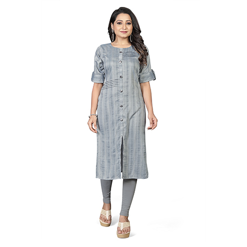 Grey straipe Straight pliting 8 buttons straight Kurti N3