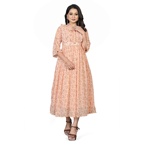 Peach Georgette Floral Print Collar tie dress P2