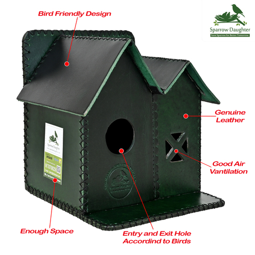 SPARROW TWINNING BIRD HOUSE - Leather, Vegan Leather, Synthetic Leather | 17.5x20.5x20.5 CM, Green, Handcrafted for Small Birds, Easy Installation