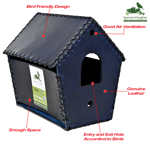 WRINCKLE D ROOF BIRD HOUSE HAND CRAFT HOUSE - Leather, Vegan Leather, Synthetic Leather | Blue, 15.7x12x1.5 CM, Handcrafted for Small Birds