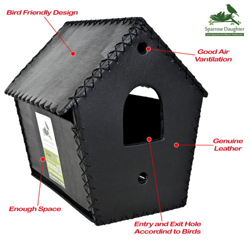 WRINCKLE D ROOF BIRD HOUSE FOR SPARROW BIRD - Leather, Vegan Leather, Synthetic Leather, 15.7x12x1.5 cm | Handcrafted Design, Easy Wall Mounting, Safe for Small Birds