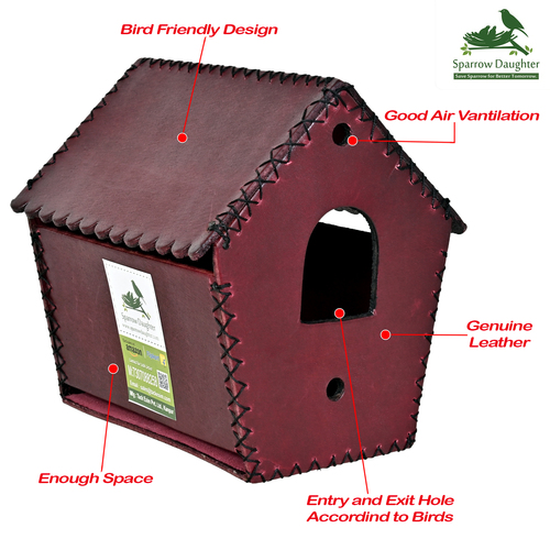 WRINCKLE D ROOF BIRD HOUSE FOR LOVE BIRD HOUSE - Leather, Vegan Leather, Synthetic Leather, 15.7X12X1.5 CM, Marron | Handcrafted, Easy Installation for Small Birds, Wall Mounting or Hanging Options