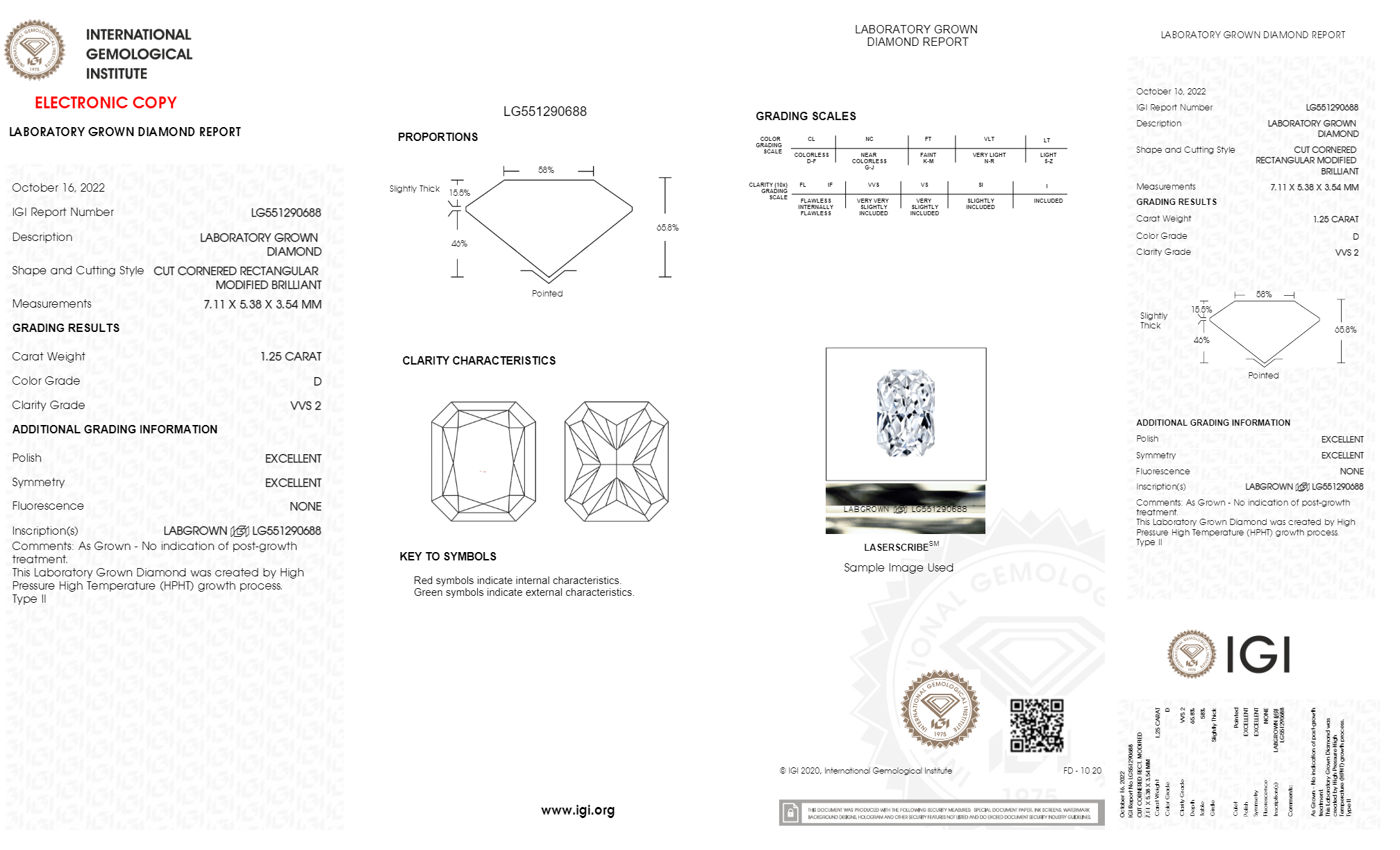 RADIANT 1.25ct D VVS2 HPHT Certified Lab Grown Diamond 551290688 OX57