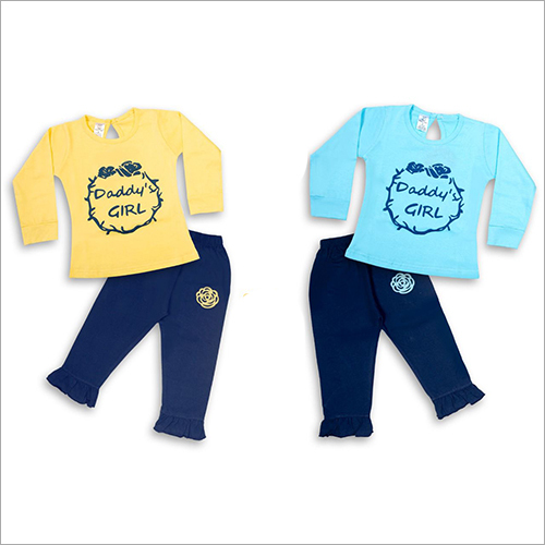 Baby Girls Top Pant Set - Cotton, Sizes: S, M, L, XL | Dark Blue Pants with Frill, Yellow or Light Blue Top, Full Sleeves, "Daddy Girl" Print