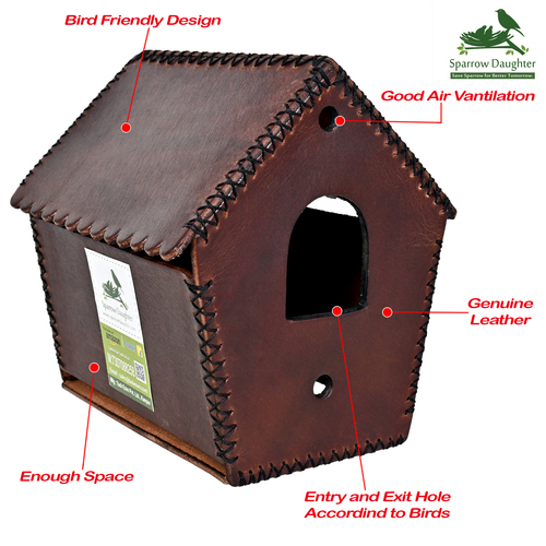 SPARROW BIRD WRINCKLE D ROOF BIRD HOUSE - Leather Vegan Leather Synthetic Leather | Yellow Brown 15.7x12x1.5 CM Handcrafted by Women Artisans Easy Installation