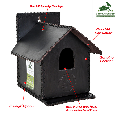 Small Hut Bird House - Leather Vegan Leather Synthetic Leather | 16x15x17 cm Dark Brown Handcrafted for Small Birds Easy Installation