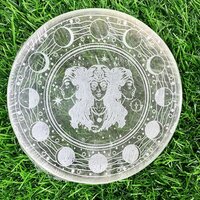 Natural Selenite Charging Plate With Moon Phases Symbol - High Quality AAA Grade, Round Brilliant Cut, White Color, Weight: 100 gm | Energy Cleansing Tool for Meditation and Crystal Charging