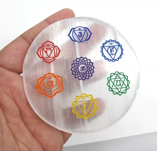 Natural Selenite Charging Plate With Seven Chakra Colored Engraved Symbol