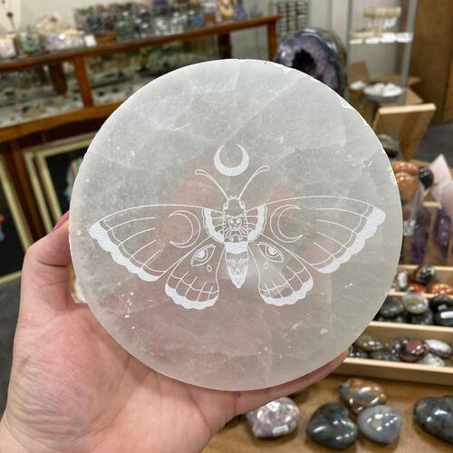 Natural Selenite Charging Plate With Butterfly Symbol Engraved