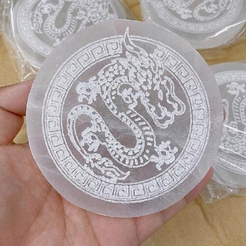 Natural Selenite Charging Plate With Dragon Symbol Engraved