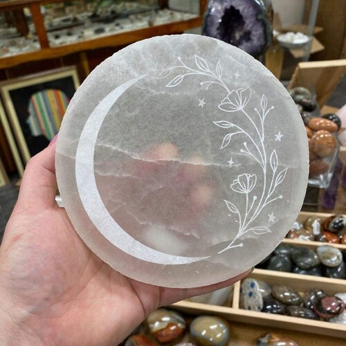 Natural Selenite Charging Plate With Moon And Plant Symbol Engraved