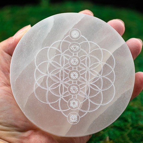 Natural Selenite Charging Plate With Seven Chakra Engraved Symbol