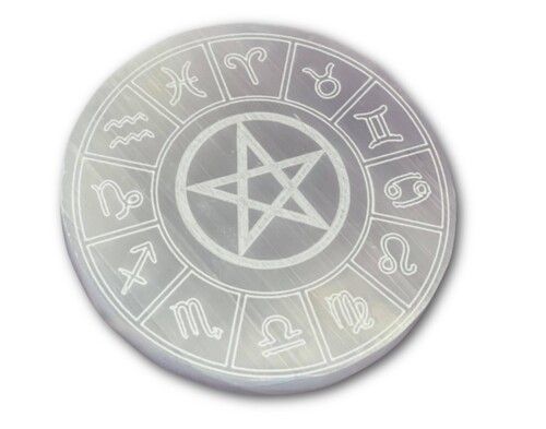 Natural Selenite Charging Plate With Star and Zodiac Engraved Symbol