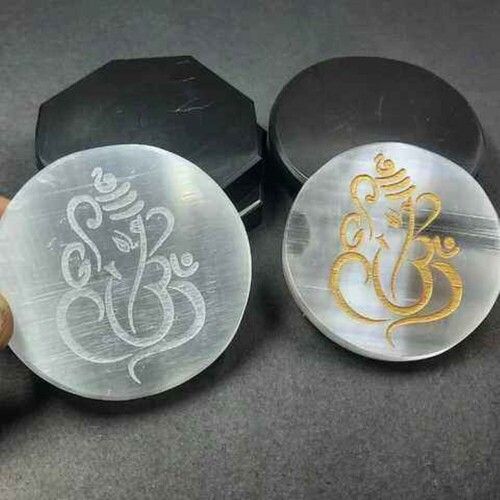 Natural Selenite Charging Plate With Ganpati Symbol Engraved