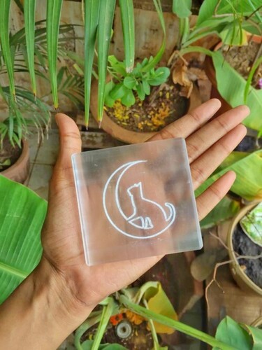 Natural Selenite Charging Plate With Cat and Moon Crystal Symbol Engraved