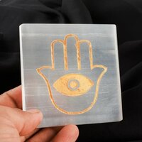 Natural Selenite Charging Plate With Hamsa Hand Symbol Engraved