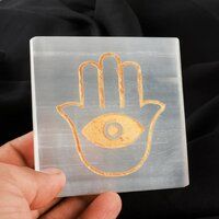 Natural Selenite Charging Plate With Hamsa Hand Symbol Engraved