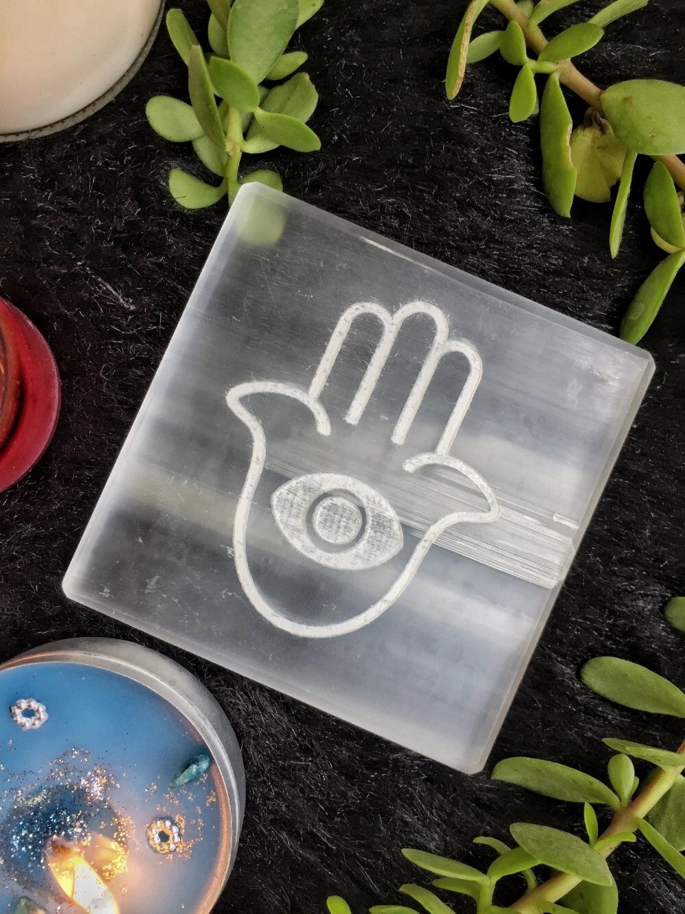 Natural Selenite Charging Plate With Hamsa Hand Symbol Engraved