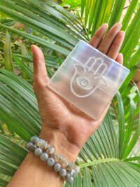 Natural Selenite Charging Plate With Hamsa Hand Symbol Engraved