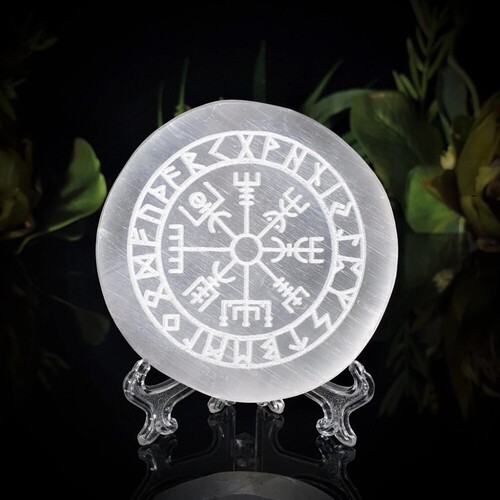 Natural Selenite Charging Plate With Vegvisir Runic Symbol Engraved