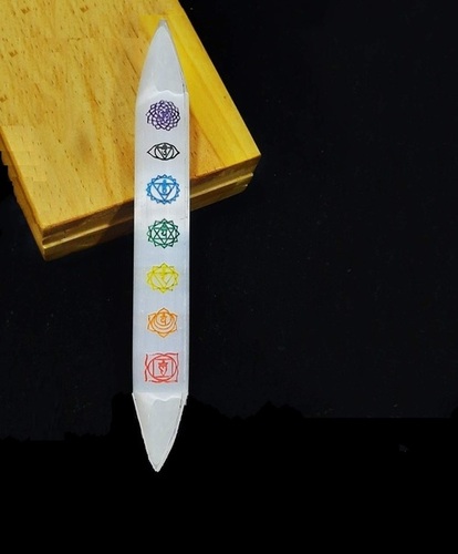 Natural Double Point Selenite Charging Stick Bar With Rainbow 7 Chakra Symbol