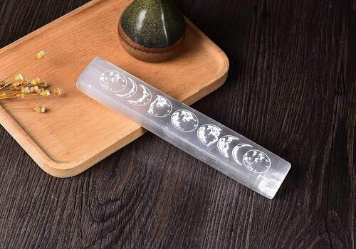 Natural Selenite Charging Stick Wands Bar With Moon Phases Symbol