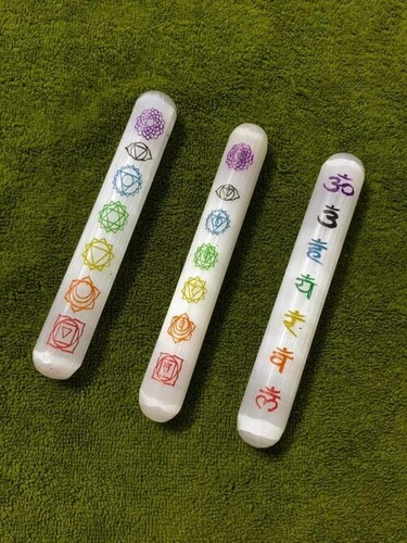 Natural Selenite Round Charging Stick Bar With Rainbow 7 Chakra Engraved Symbol
