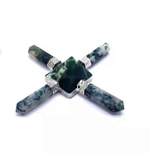 Natural Moss Agate Crystal Gemstone 4 Point Pyramid Energy Generator