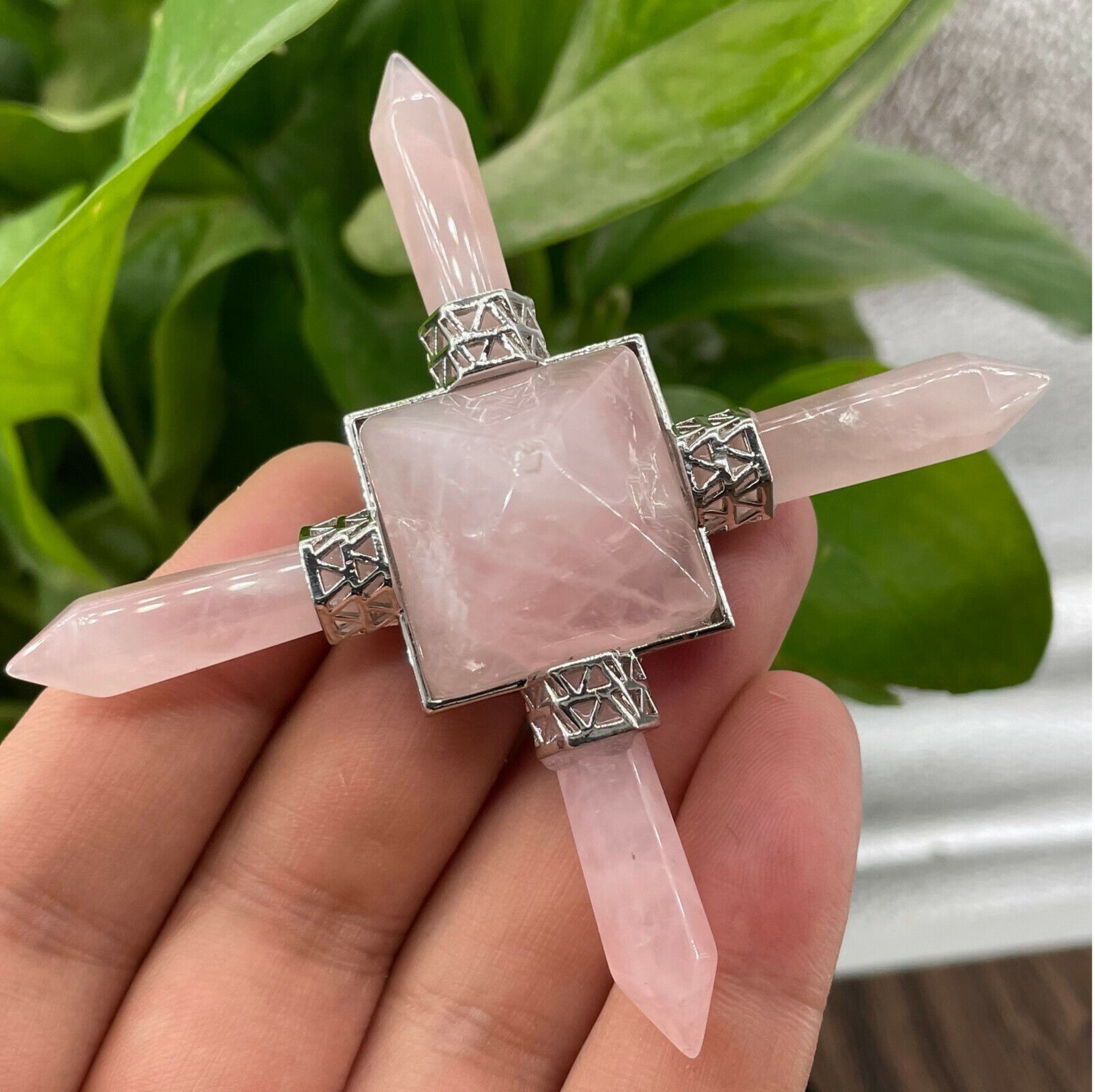 Natural Rose Quartz Crystal Gemstone 4 Point Pyramid Energy Generator