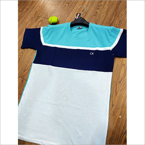 White & Blue Round Neck Mens T Shirt