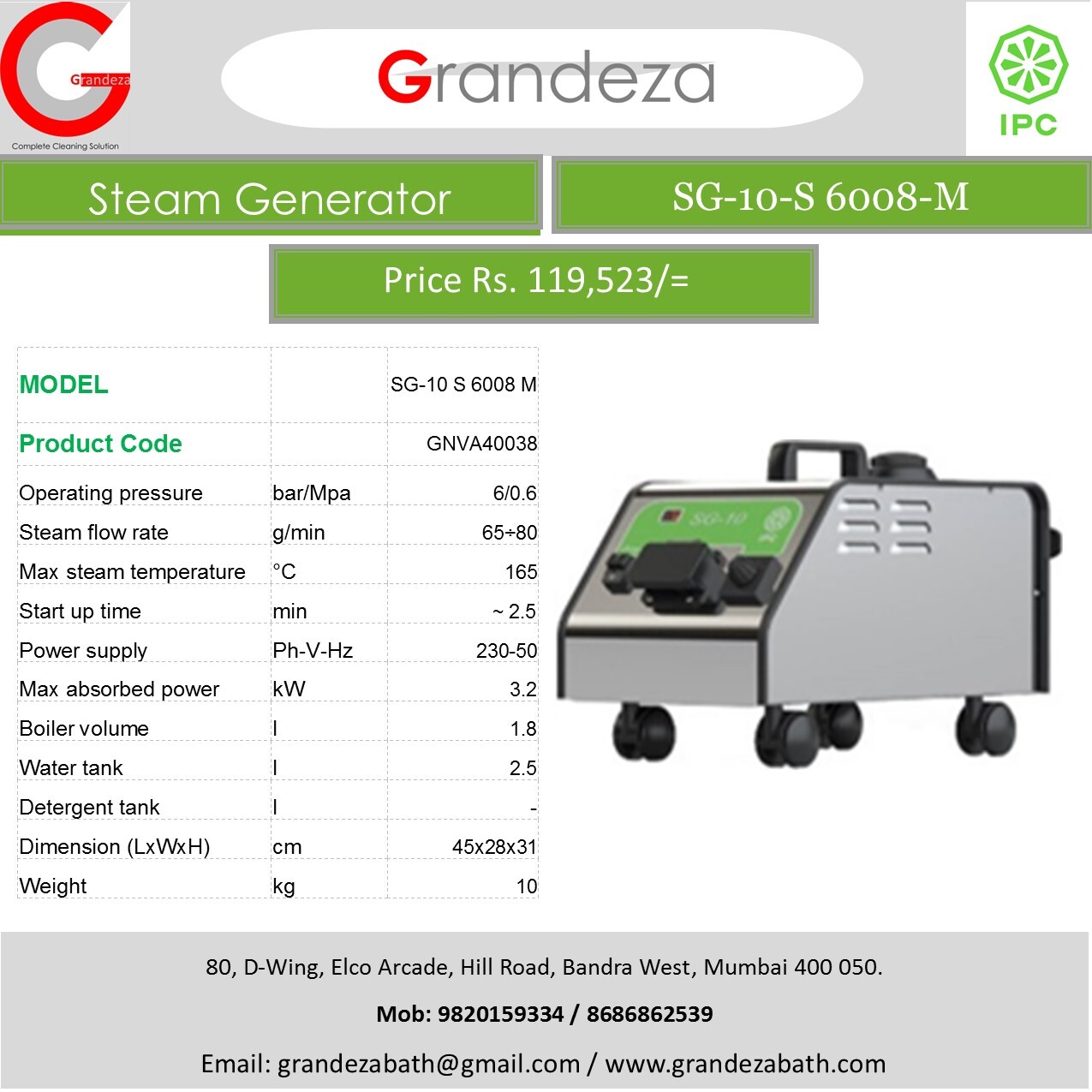 IPC SG-10 S 6008 M Steam Cleaner (Generator)