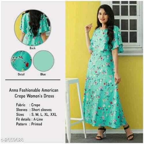 SKC-10259 Oceanista Crepe Dress - Crepe Fabric, Sizes S-XXL, Teal Color | Cape Sleeves, A-Line Fit, Floral Print, Maxi Length, Elegant Style
