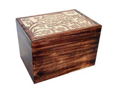 Brown Wooden Cremation Urns Floral Engraved