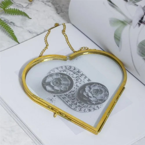 Heart Shaped Photo Frame - Glass Material, Various Sizes, Golden Color | Polished Finish, Brass Accents, Hanging Mount, Perfect Gift for Loved Ones