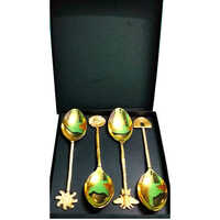 Brass Spoon Set - 7 Inch Golden Glossy Finish | Attractive Design, Set Of 4