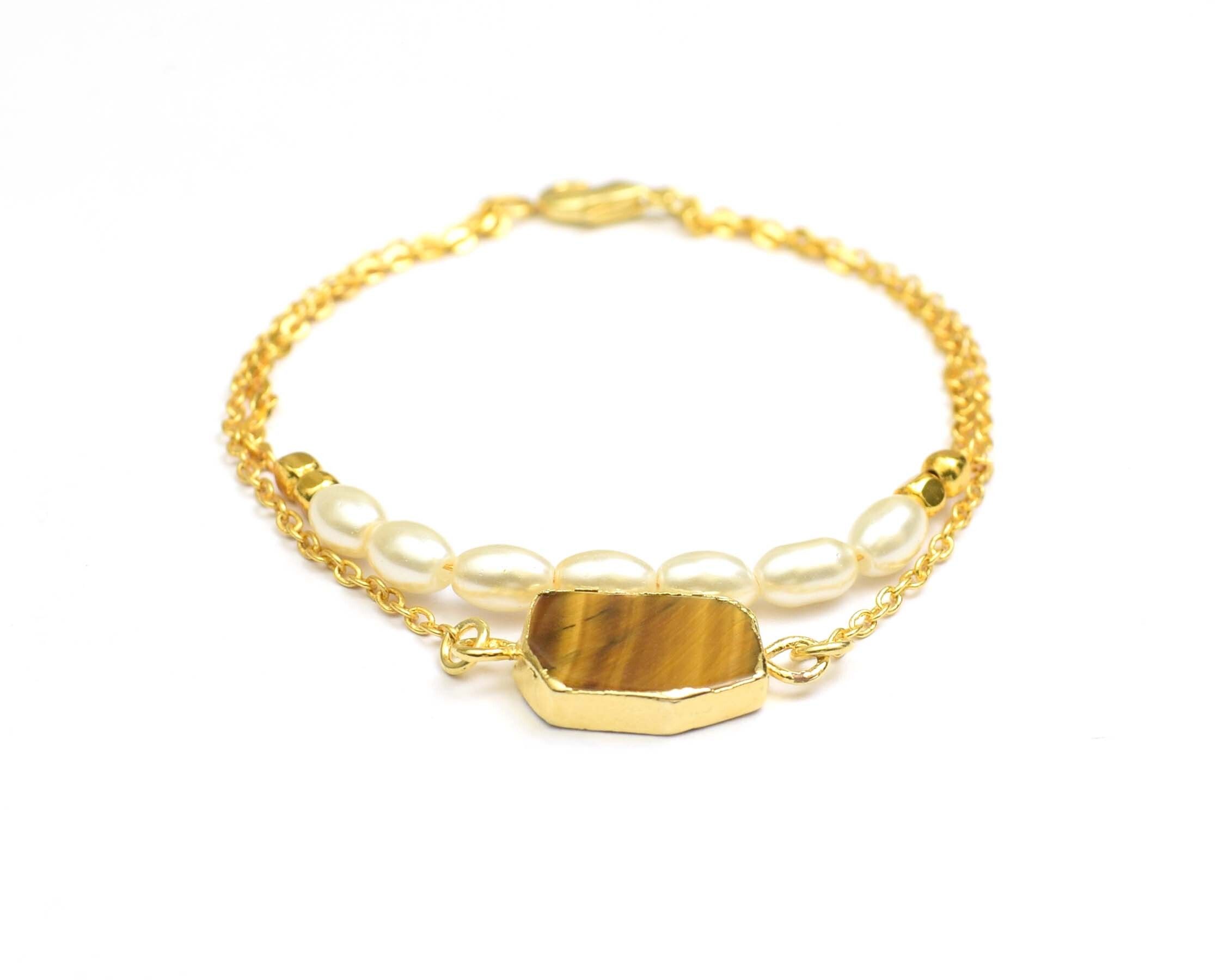 Tiger Eye And Shell Pearl Gemstone Gold Plated Bracelet