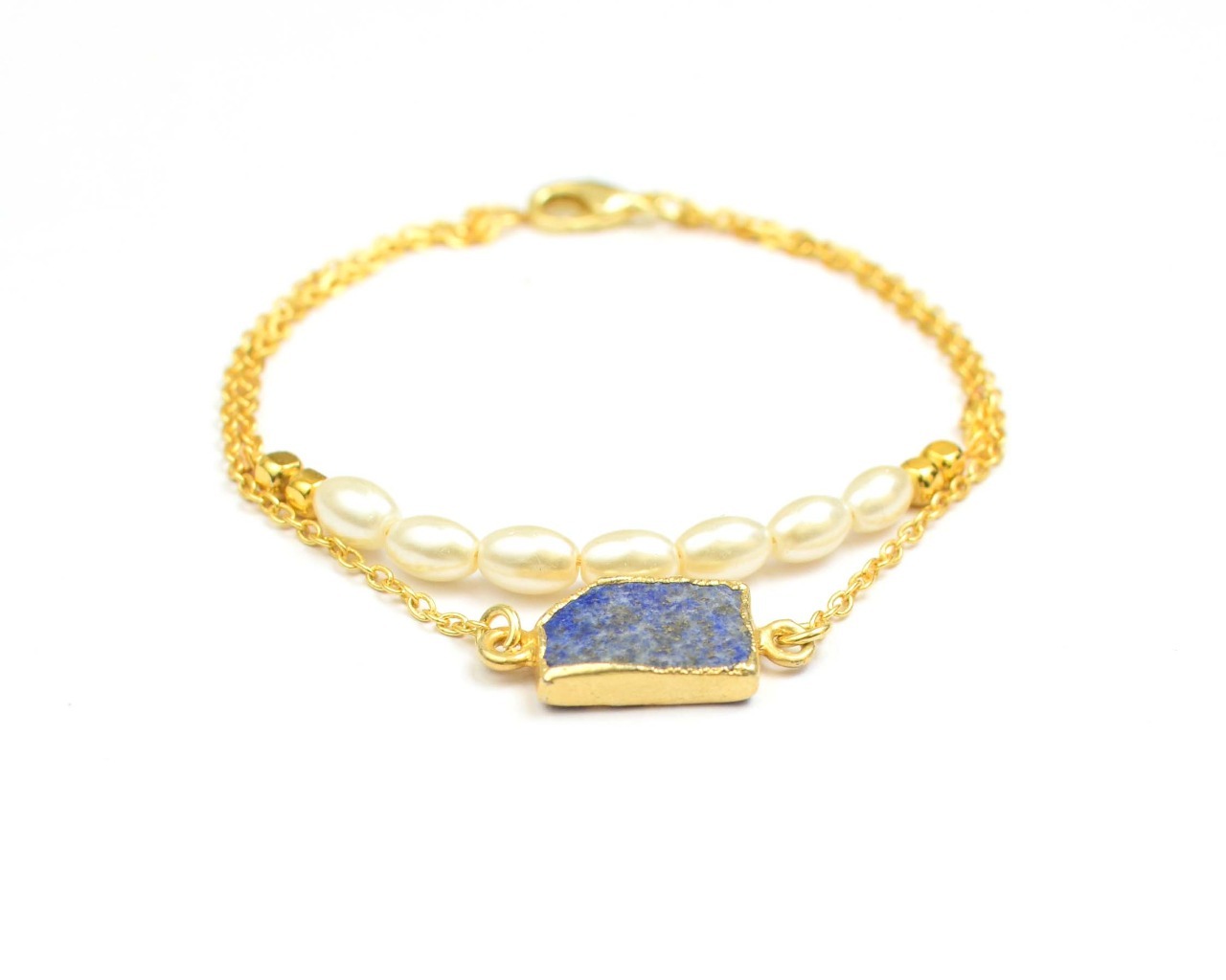 Lapiz lazuli And Shell pearl Gemstone Gold Plated Bracelet