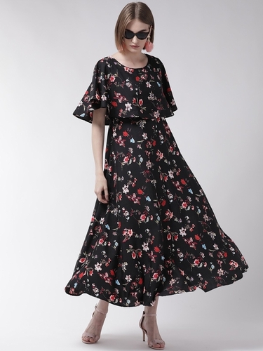 SKC-10485 Oceanista Crepe Dress - Lightweight Crepe, Maxi Length, Dark Blue Color | Cape Sleeves, Floral Print, Relaxed Fit, Elegant Style