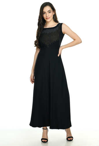 IC-200-10996 Oceanista Crepe Dress - Black, Maxi Length, Floral Embroidery, Sleeveless, V-neckline, Hidden Back Zipper, Front Slit Design