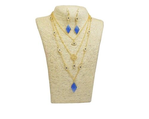 Blue Chalcedony Cubic Zircon Evil Eye With Charms Necklace with Earrings Set