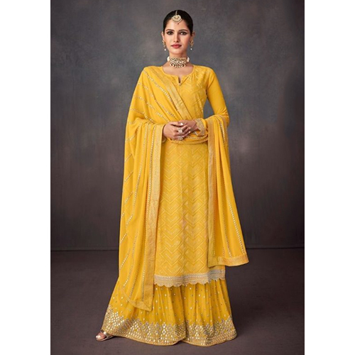 Yellow Georgette With Work Suit