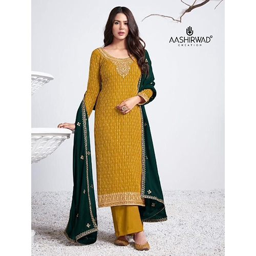 Lades Fanyc Yellow Georgette With Work Suit