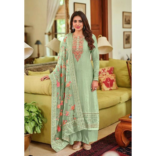 Washable Pure Maheshwari Viscose Silk With Heavy Embroidery Suit