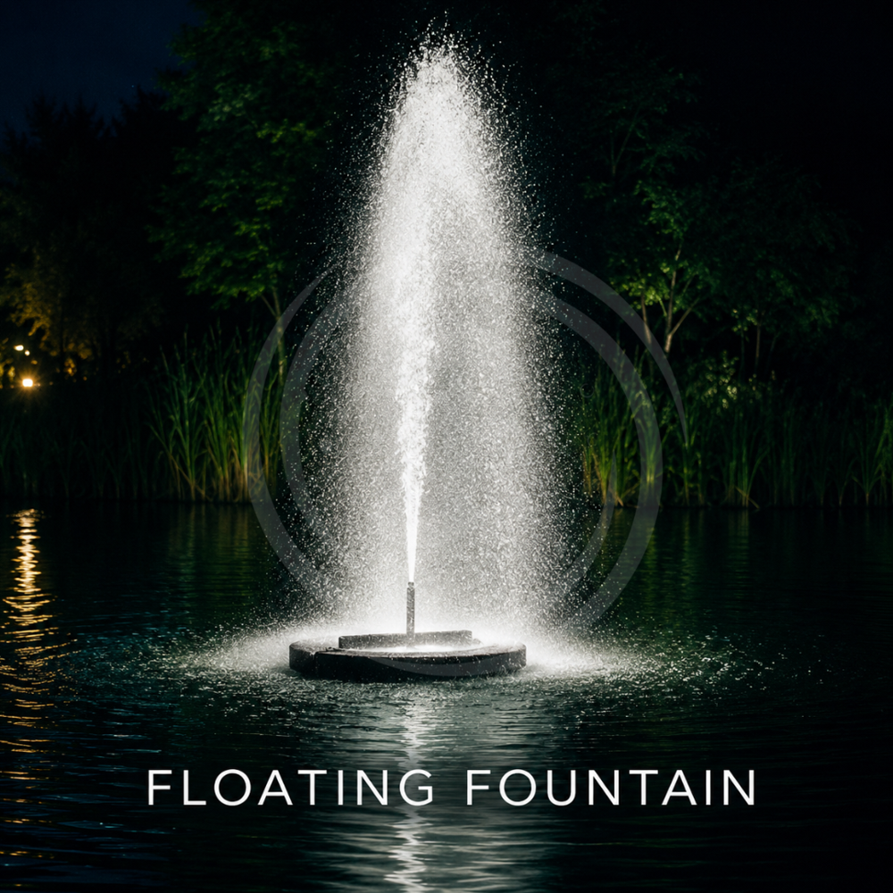 FRP Floating Fountains - 4ft Diameter, 2hp Single Phase 220V, 10'-12' Water Spray Height, 100' Mooring Line , LED Lights for Stunning Evening Effects