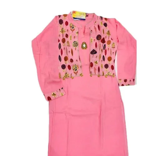 Ladies Pink Cotton Embroidered Kurti