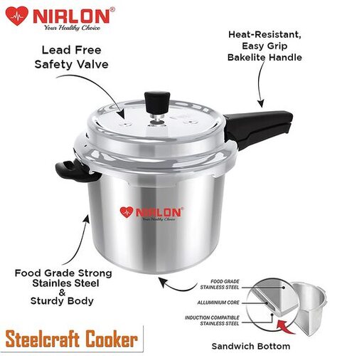 NIRLON Induction Base Outer Lid SS Pressure Cooker 5 Liters Silver