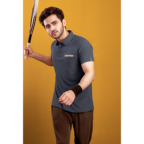 Polyester Mens Sports Grey Polo Neck T-Shirts
